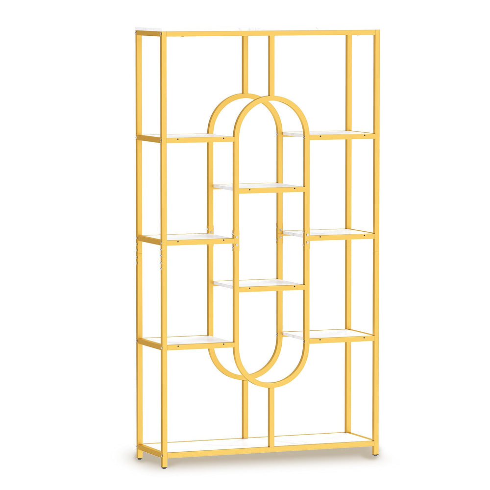 175CM 10-Tier Geometric Bookshelf with Faux Marble Shelves-White & Golden