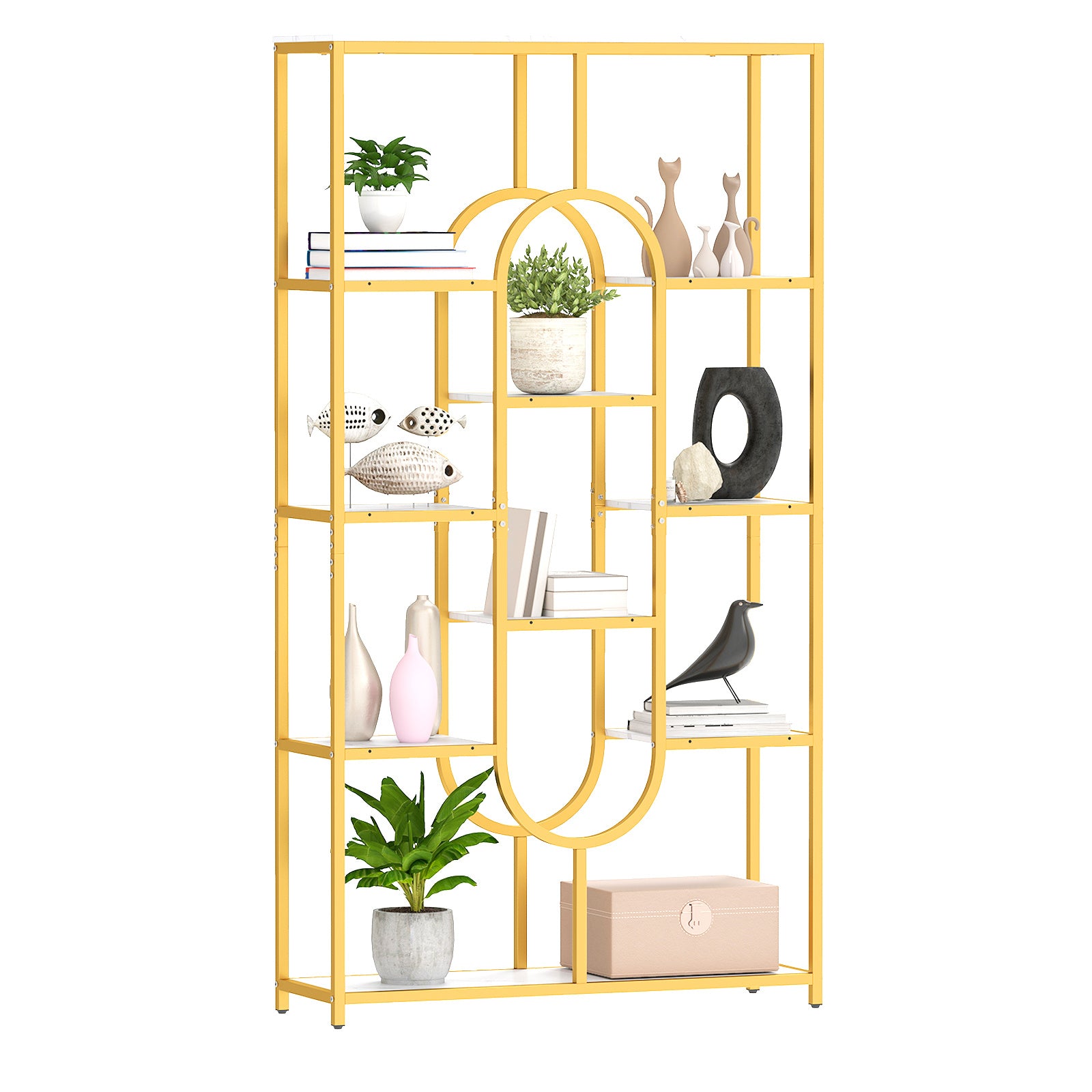 175CM 10-Tier Geometric Bookshelf with Faux Marble Shelves-White & Golden