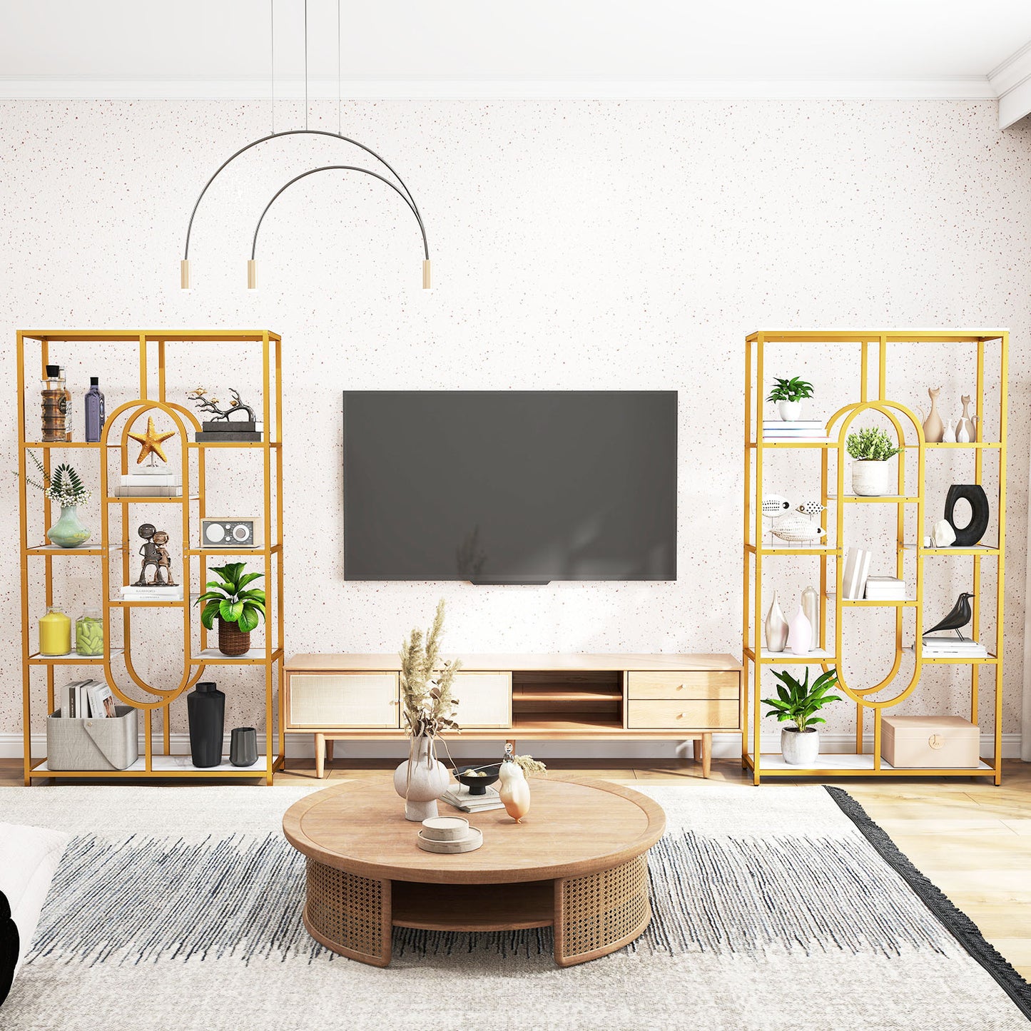 175CM 10-Tier Geometric Bookshelf with Faux Marble Shelves-White & Golden