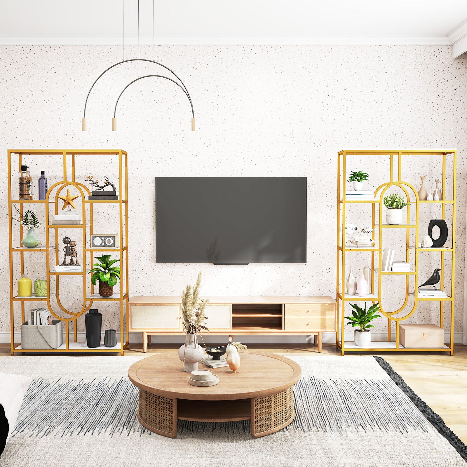 175CM 10-Tier Geometric Bookshelf with Faux Marble Shelves-White & Golden