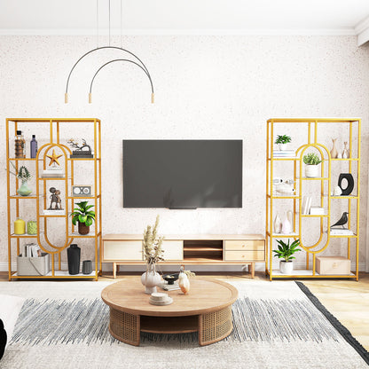 175CM 10-Tier Geometric Bookshelf with Faux Marble Shelves-White & Golden
