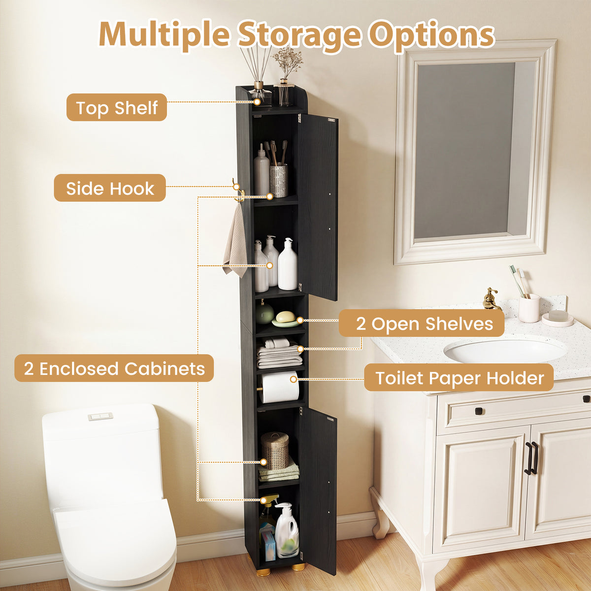 176.5cm Tall Storage Organizer with 2 Doors and Adjustable Shelves-Black