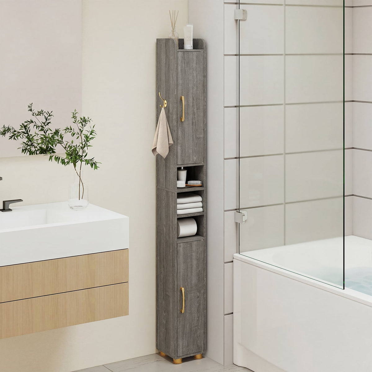 176.5cm Tall Storage Organizer with 2 Doors and Adjustable Shelves-Grey