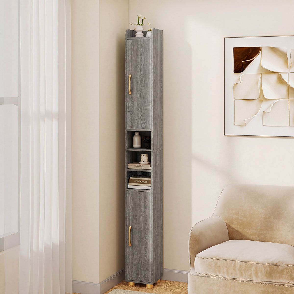 176.5cm Tall Storage Organizer with 2 Doors and Adjustable Shelves-Grey