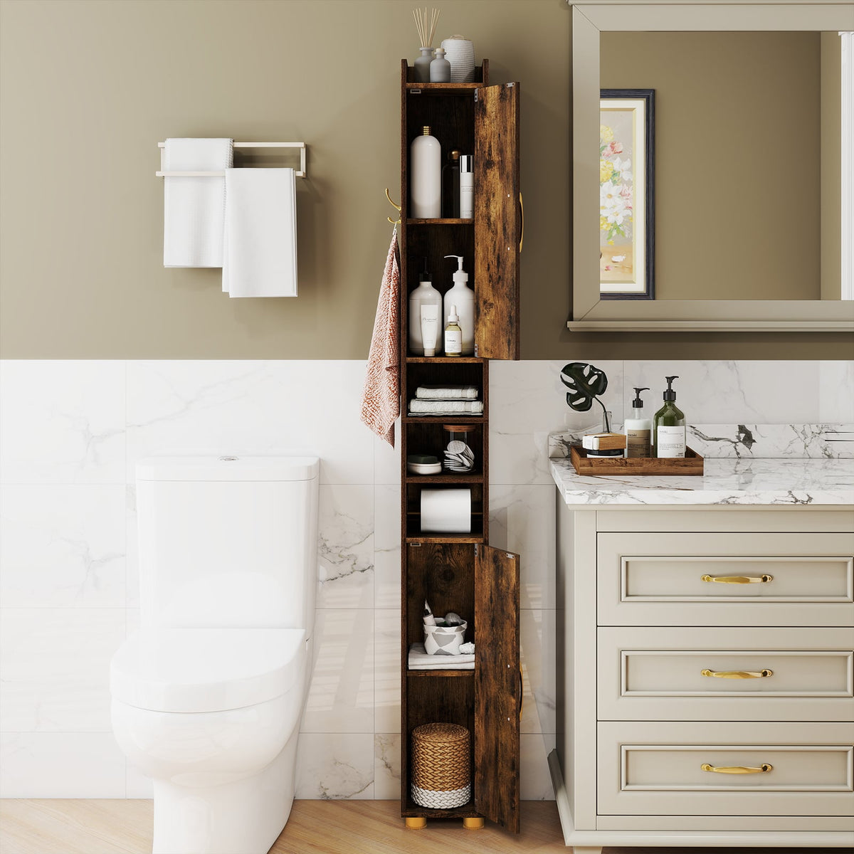 176.5cm Tall Storage Organizer with 2 Doors and Adjustable Shelves-Rustic Brown