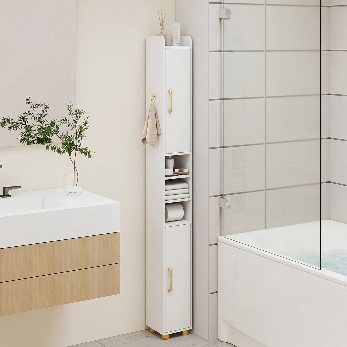 176.5cm Tall Storage Organizer with 2 Doors and Adjustable Shelves-White