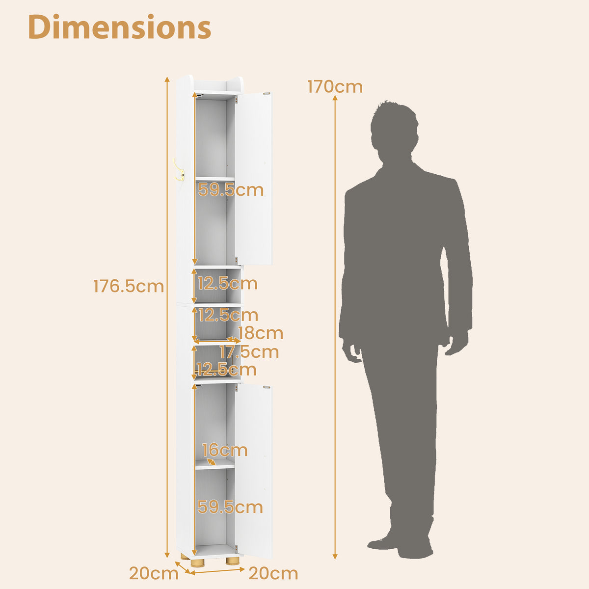 176.5cm Tall Storage Organizer with 2 Doors and Adjustable Shelves-White