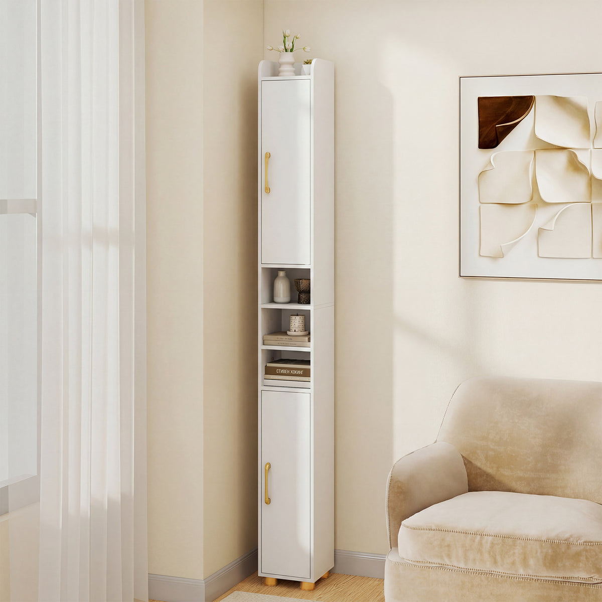 176.5cm Tall Storage Organizer with 2 Doors and Adjustable Shelves-White