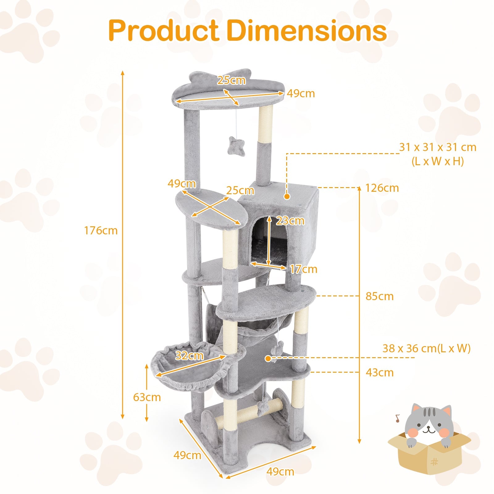 176 cm Multi-level Cat Tree with Hammock Jumping Platforms and Hanging Toys