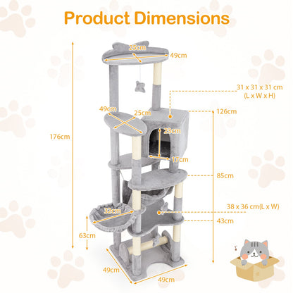 176 cm Multi-level Cat Tree with Hammock Jumping Platforms and Hanging Toys