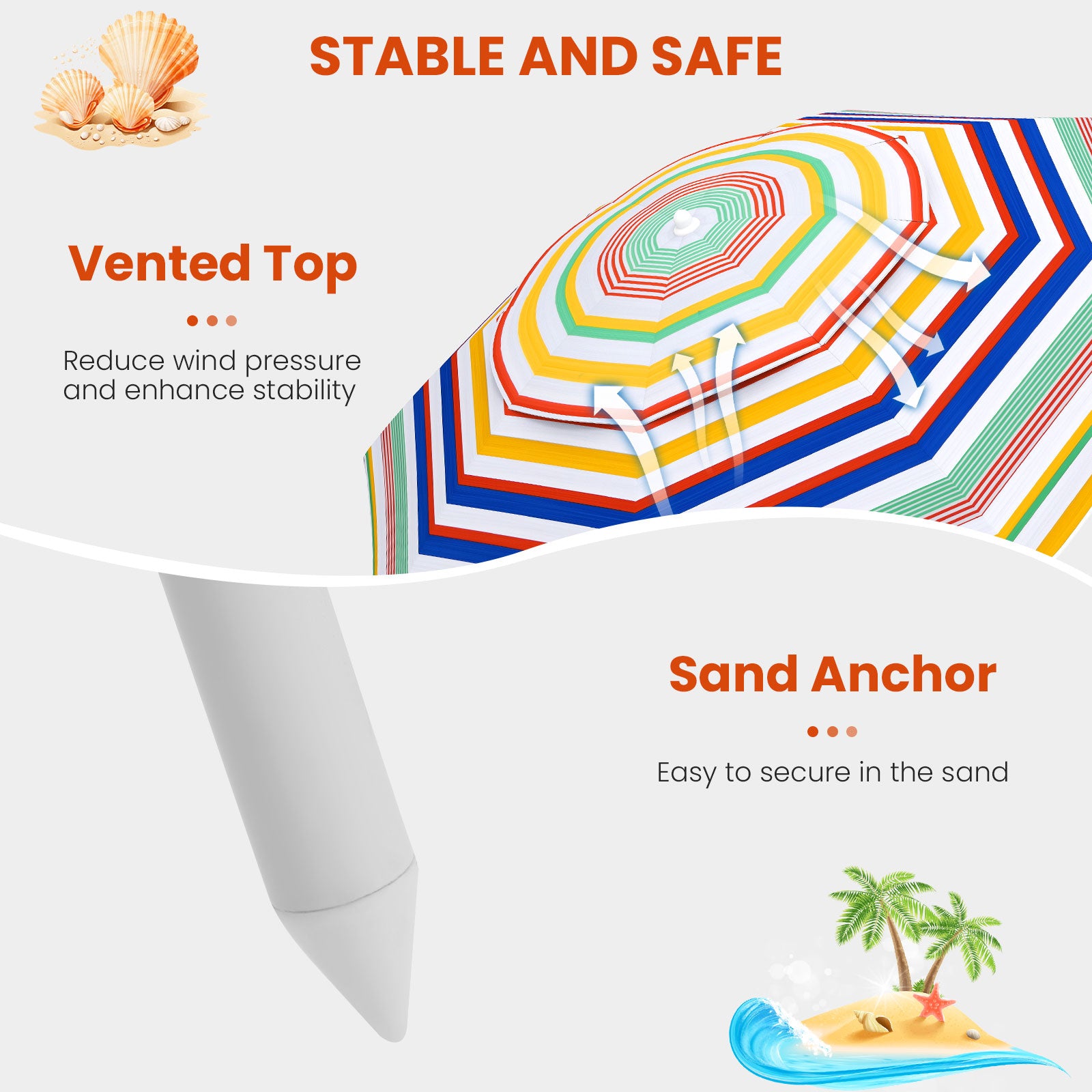 178 cm Beach Umbrella Sun Protection Portable Outdoor Sunshade Parasol for Sand-Colourful