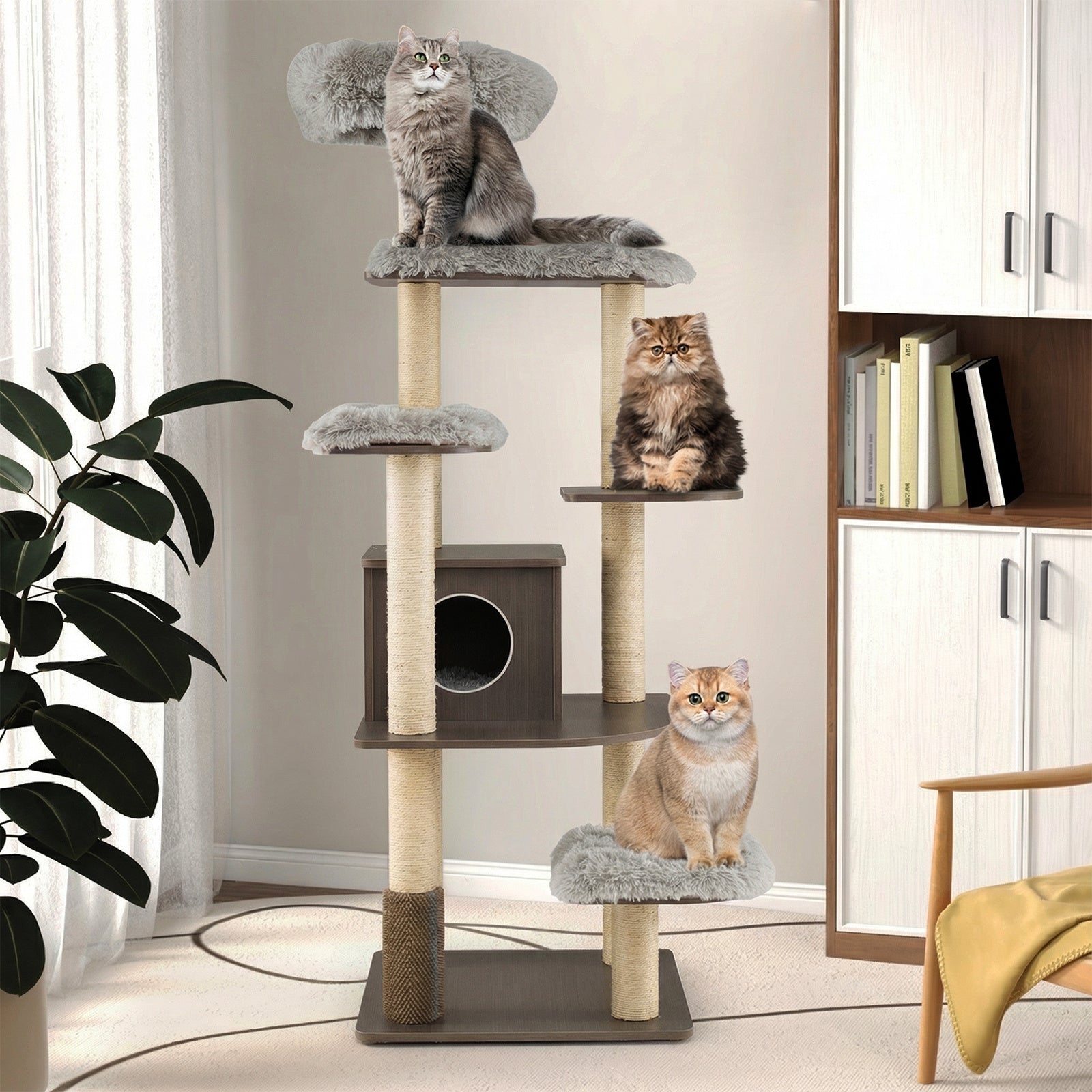 179 cm Tall Wooden Cat Tree with Sisal Scratching Posts-Grey