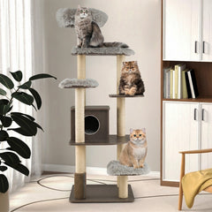 179 cm Tall Wooden Cat Tree with Sisal Scratching Posts-Grey