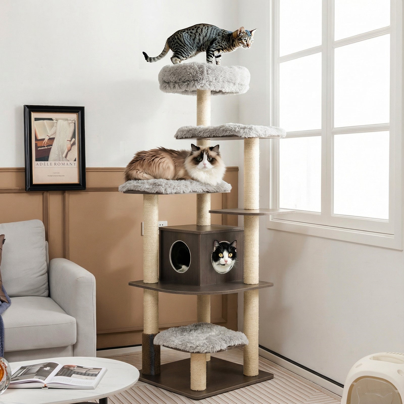 179 cm Tall Wooden Cat Tree with Sisal Scratching Posts-Grey