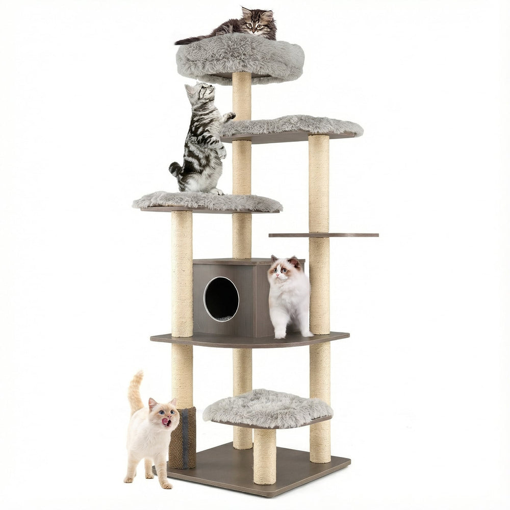 179 cm Tall Wooden Cat Tree with Sisal Scratching Posts-Grey