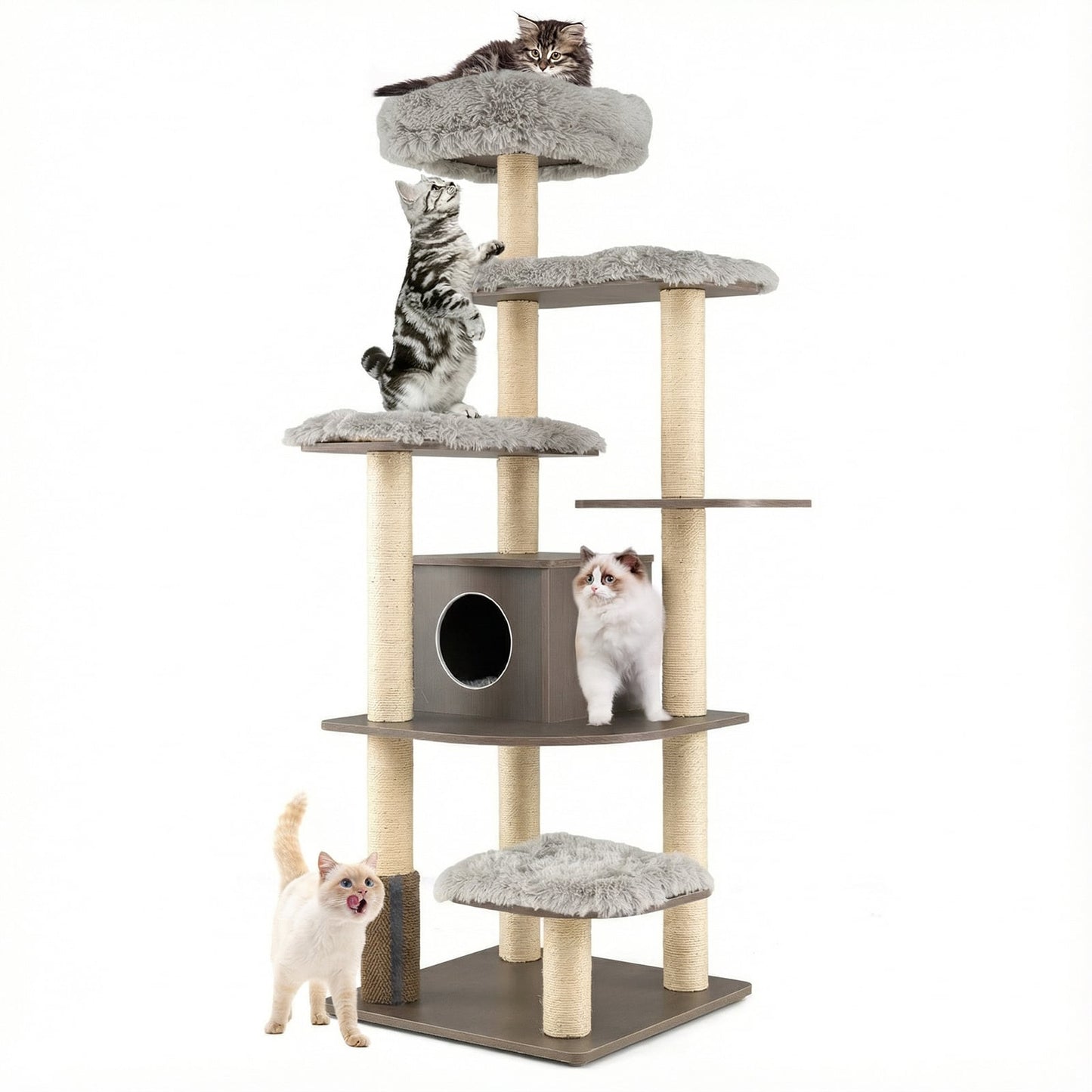 179 cm Tall Wooden Cat Tree with Sisal Scratching Posts-Grey