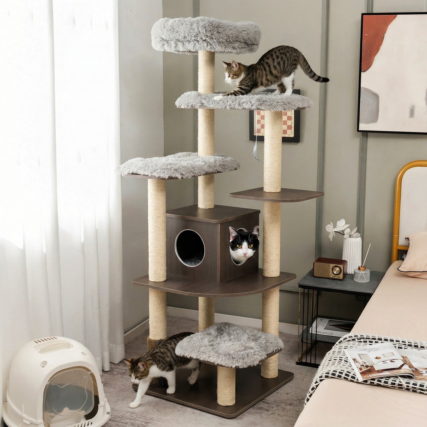 179 cm Tall Wooden Cat Tree with Sisal Scratching Posts-Grey