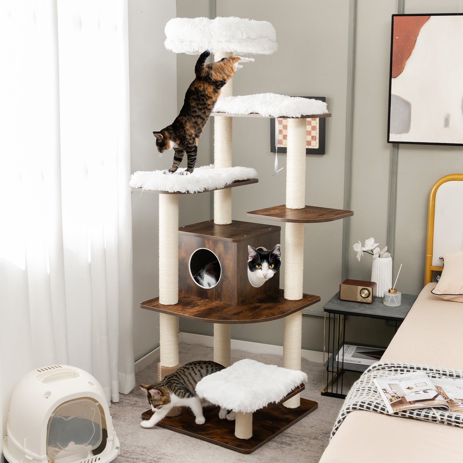 179 cm Tall Wooden Cat Tree with Sisal Scratching Posts-Brown