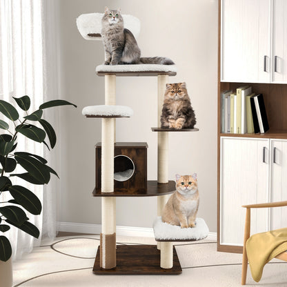 179 cm Tall Wooden Cat Tree with Sisal Scratching Posts-Brown