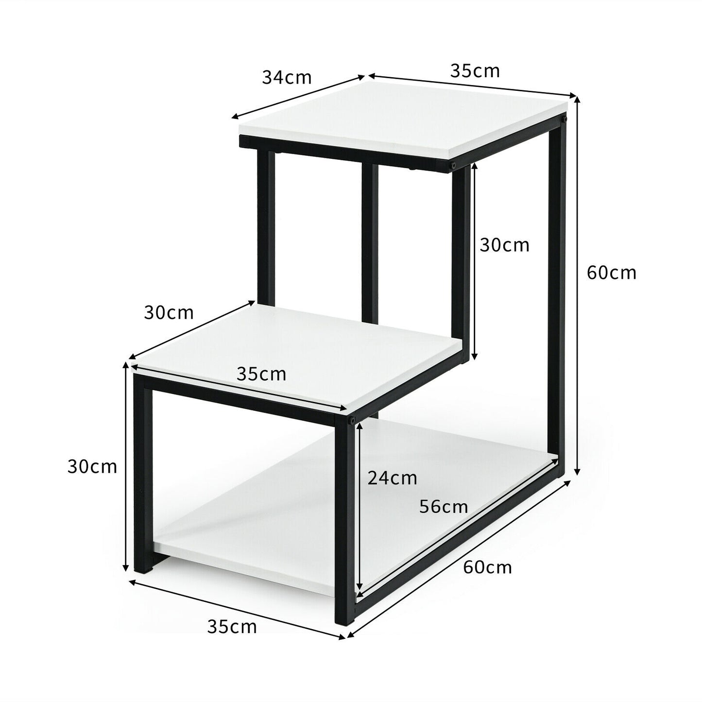 Industrial Styled End Table with 3 Shelves-White