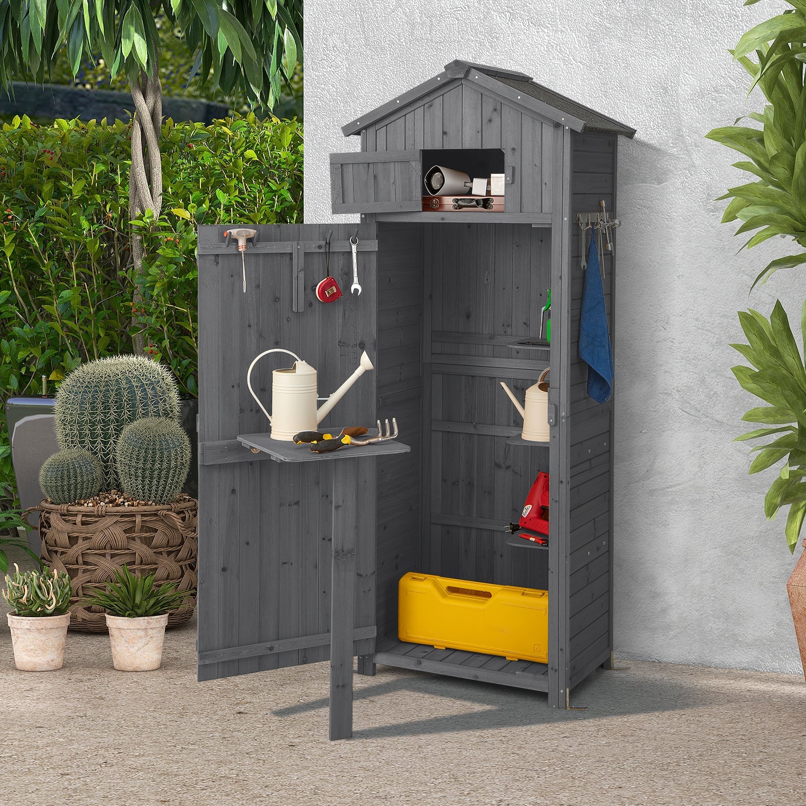 180.5CM Tall Outdoor Storage Cabinet with Lockable Doors and Foldable Table-Grey