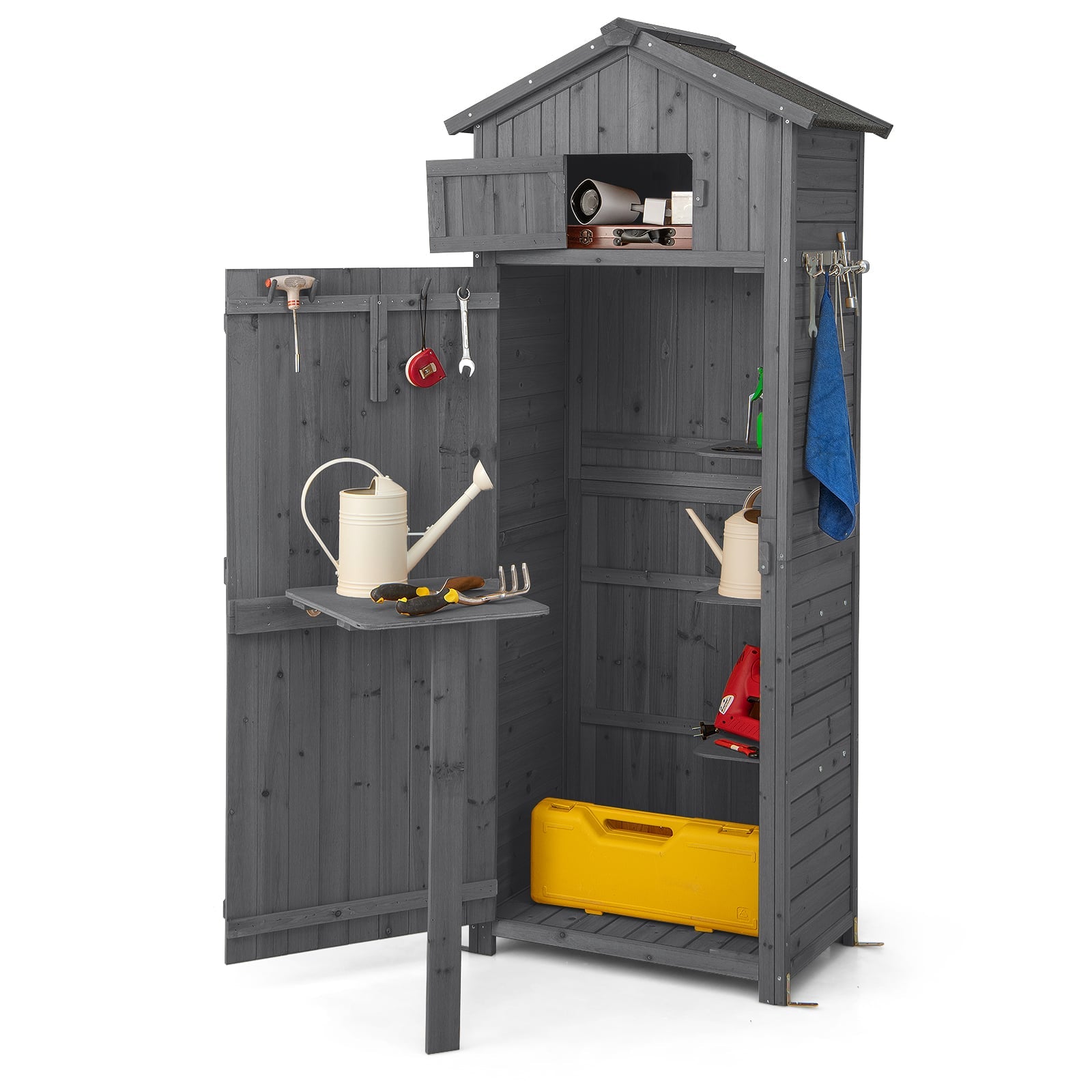 180.5CM Tall Outdoor Storage Cabinet with Lockable Doors and Foldable Table-Grey