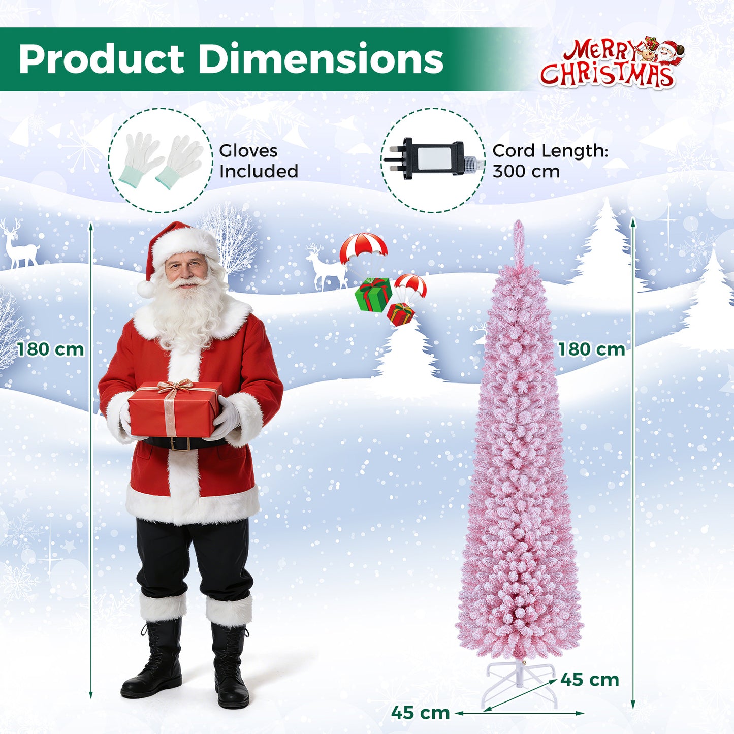 180 cm Pink Artificial Christmas Tree, Pre-lit Pencil Xmas Tree