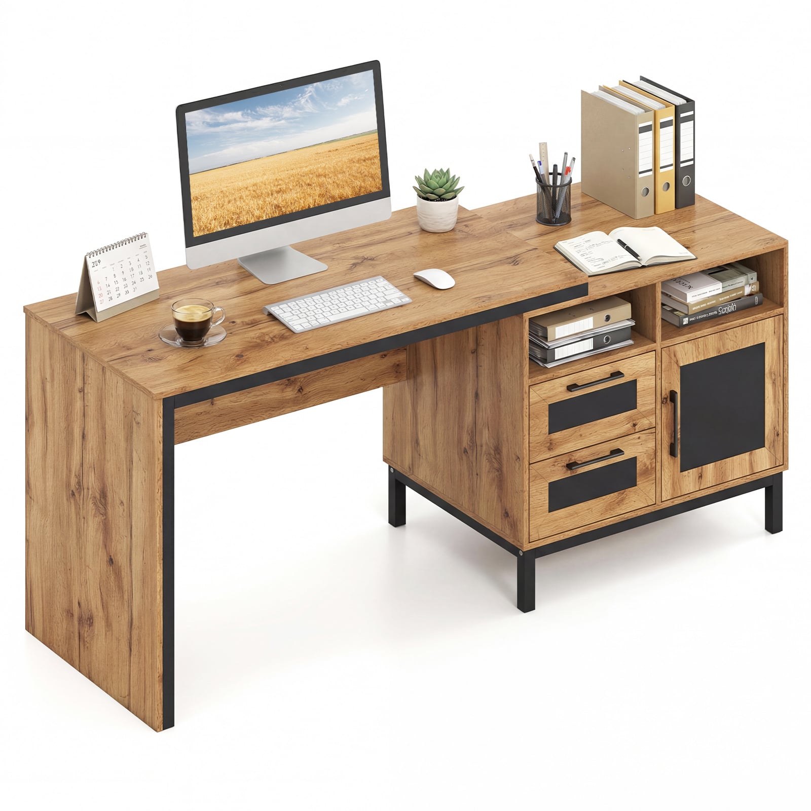 180 cm Wooden Executive Desk with Open Compartments-Natural