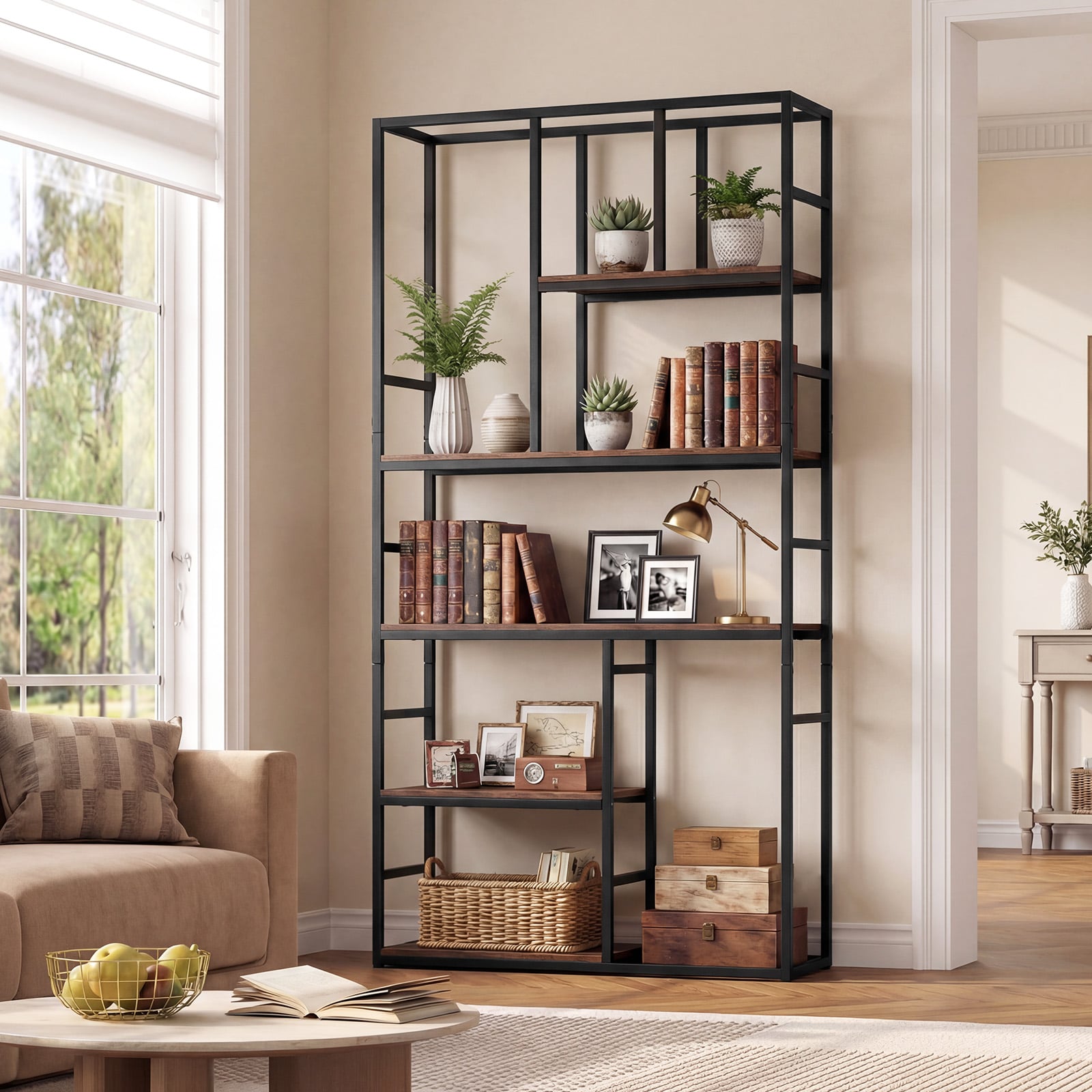 180CM Tall Bookshelf with Open Display Shelf and Metal Frame-Rustic Brown