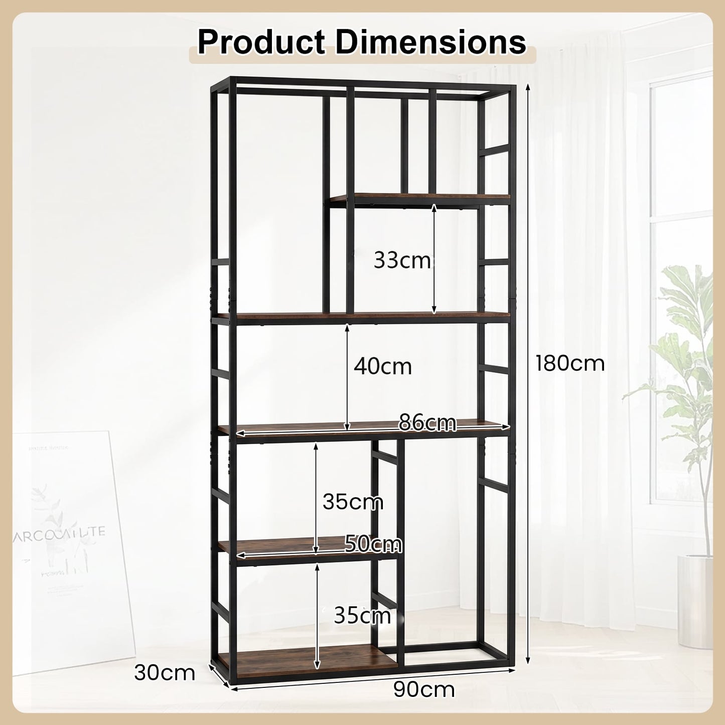180CM Tall Bookshelf with Open Display Shelf and Metal Frame-Rustic Brown