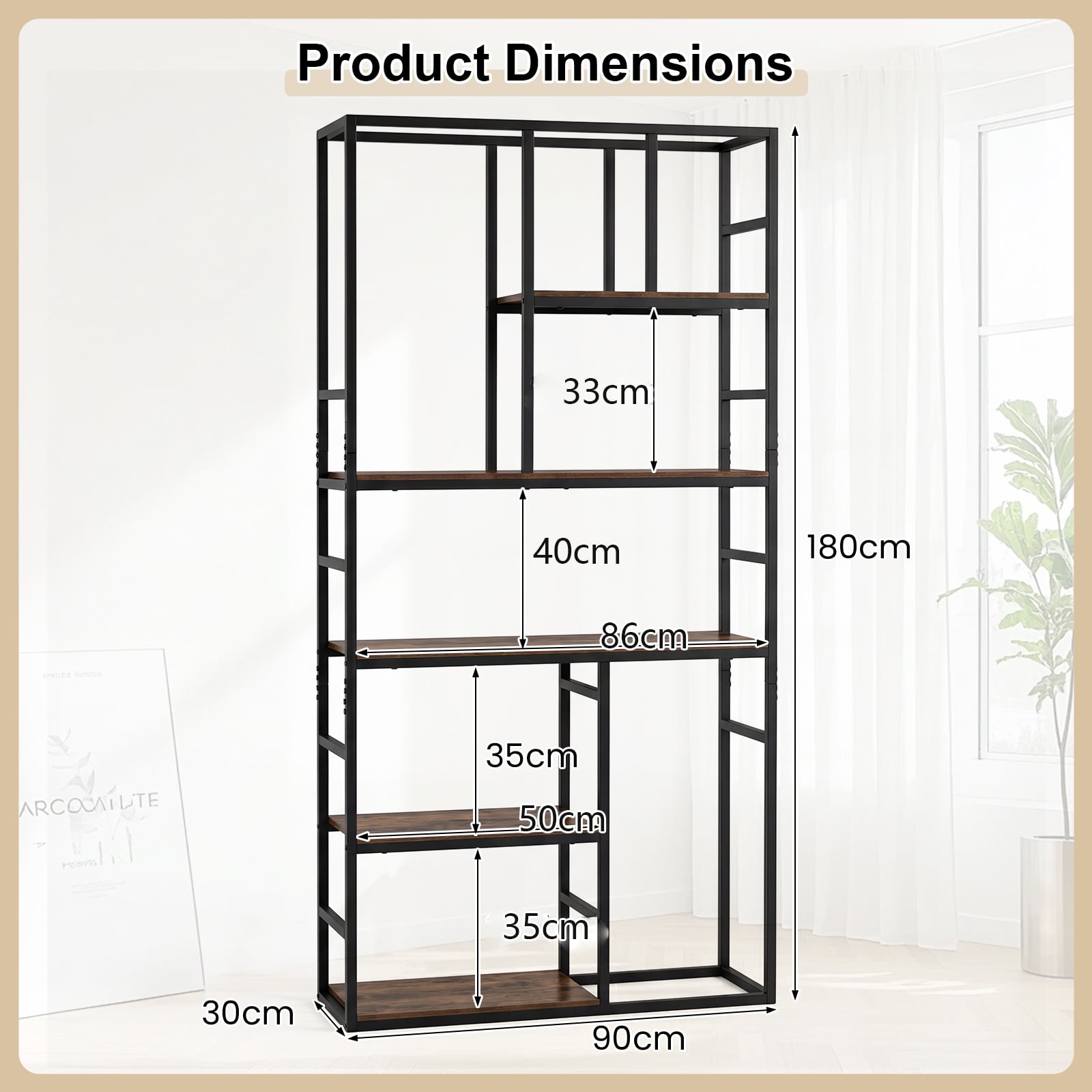 180CM Tall Bookshelf with Open Display Shelf and Metal Frame-Rustic Brown