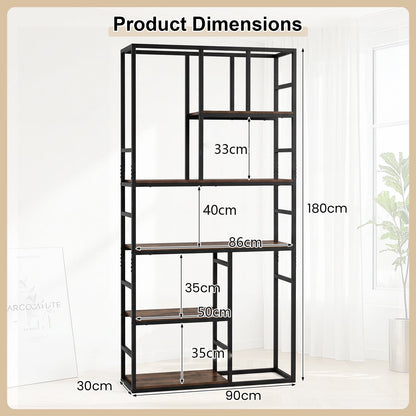180CM Tall Bookshelf with Open Display Shelf and Metal Frame-Rustic Brown
