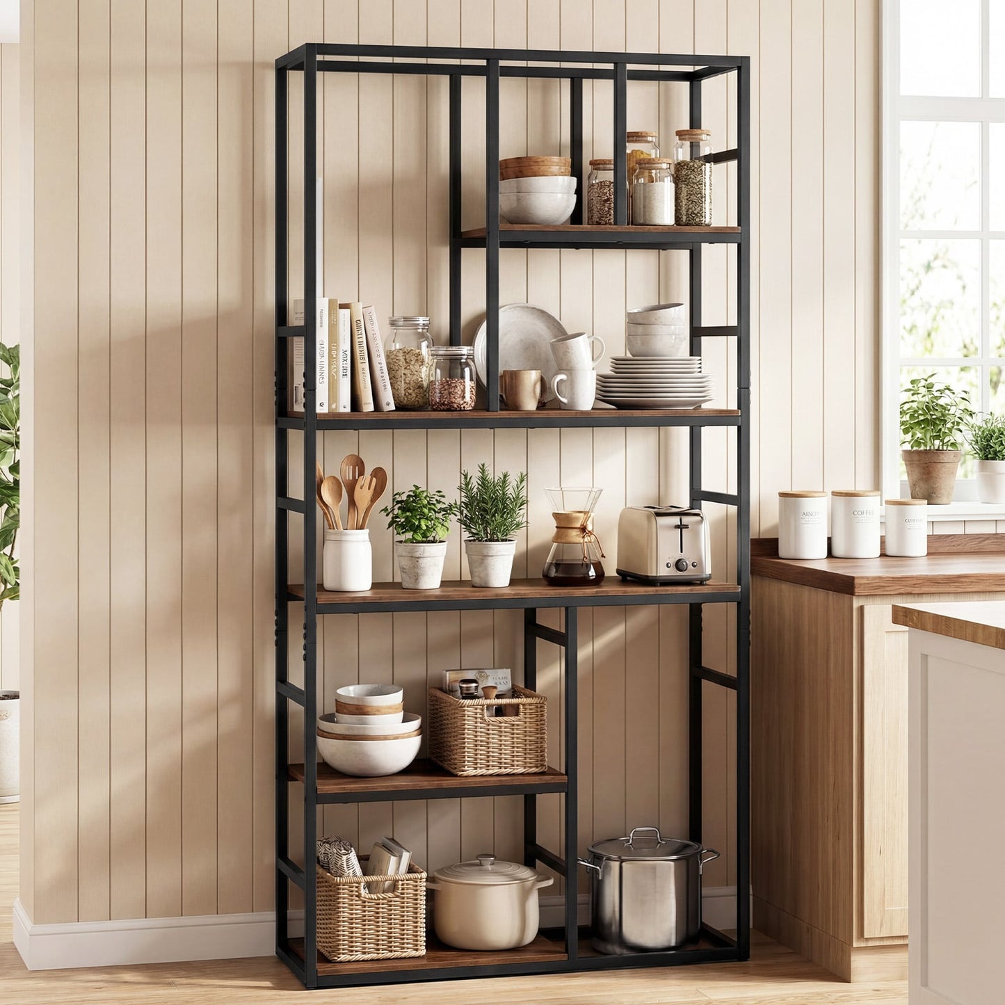 180CM Tall Bookshelf with Open Display Shelf and Metal Frame-Rustic Brown