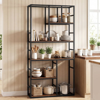 180CM Tall Bookshelf with Open Display Shelf and Metal Frame-Rustic Brown