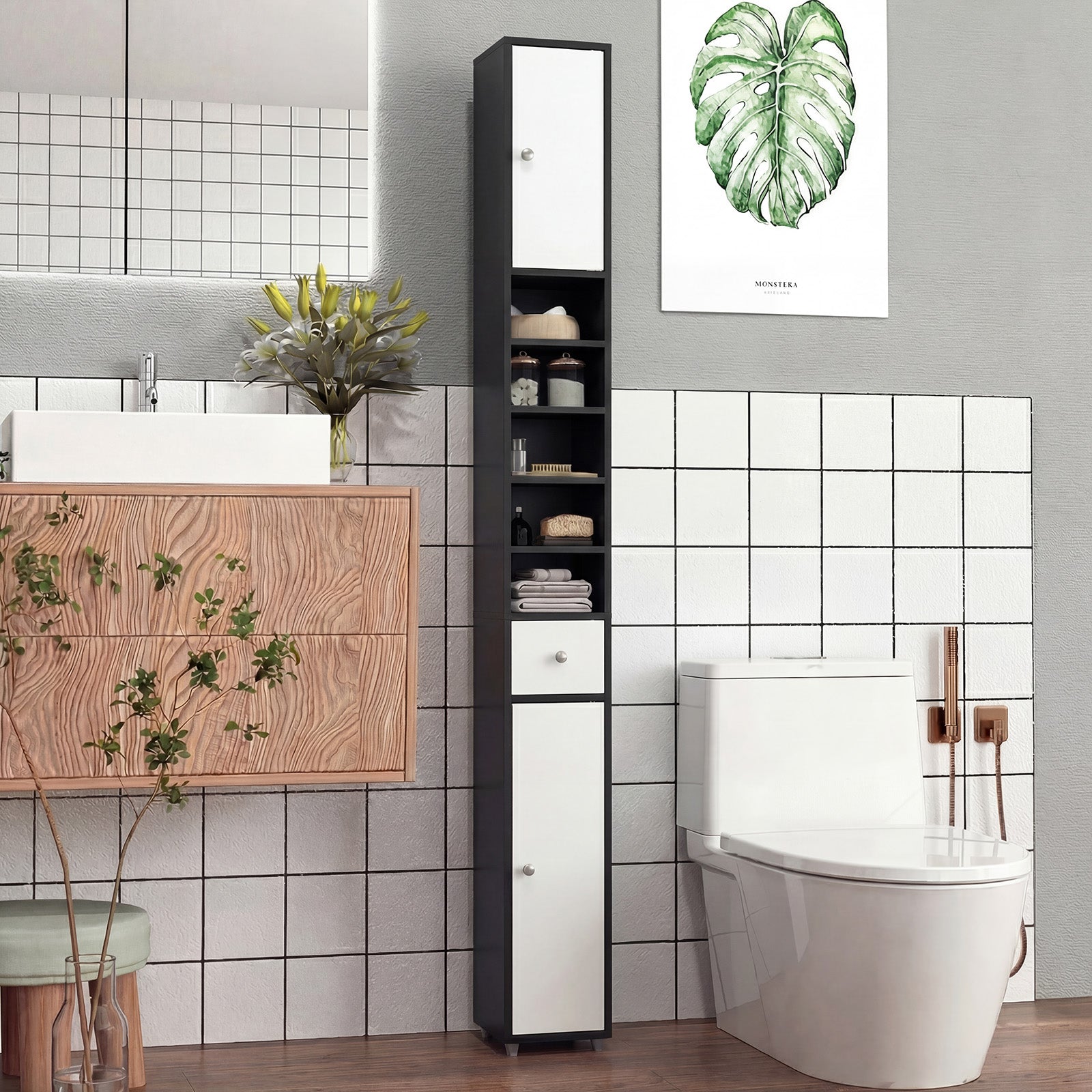 180CM Tall Freestanding Bathroom Cabinet with 2 Doors and 1 Drawer-Black and White
