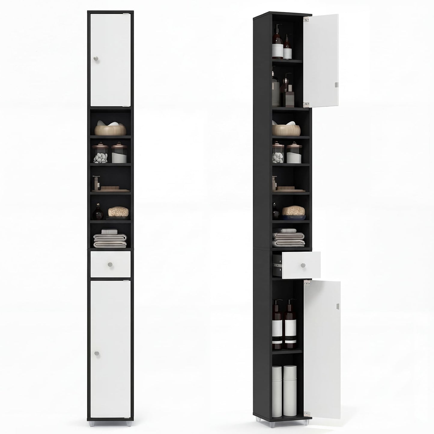 180CM Tall Freestanding Bathroom Cabinet with 2 Doors and 1 Drawer-Black and White
