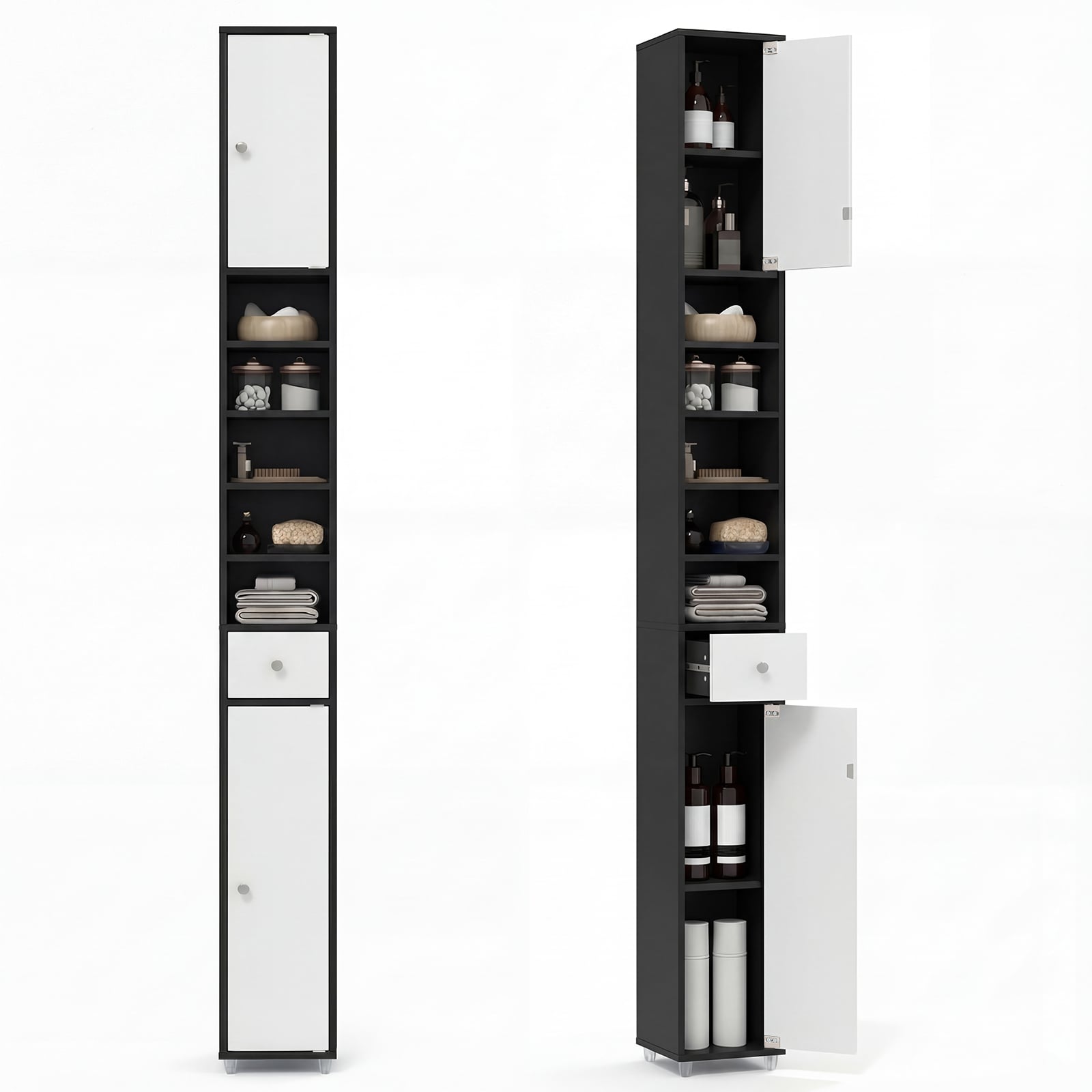 180CM Tall Freestanding Bathroom Cabinet with 2 Doors and 1 Drawer-Black and White