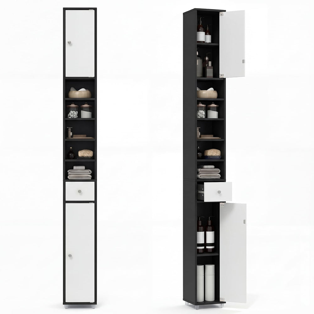 180CM Tall Freestanding Bathroom Cabinet with 2 Doors and 1 Drawer-Black and White