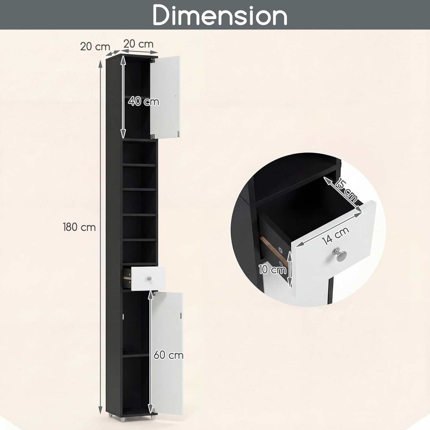 180CM Tall Freestanding Bathroom Cabinet with 2 Doors and 1 Drawer-Black and White