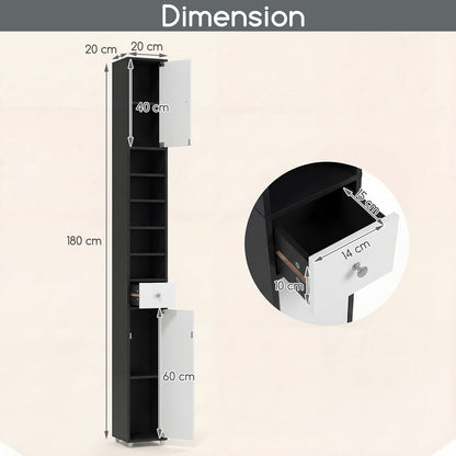 180CM Tall Freestanding Bathroom Cabinet with 2 Doors and 1 Drawer-Black and White
