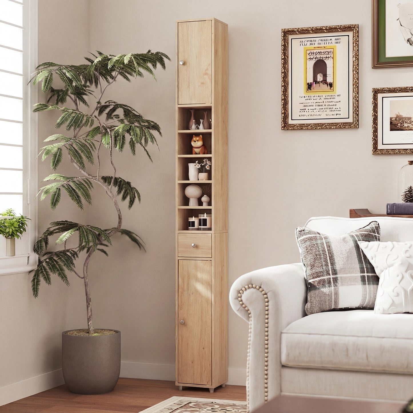 180CM Tall Freestanding Bathroom Cabinet with 2 Doors and 1 Drawer-Natural