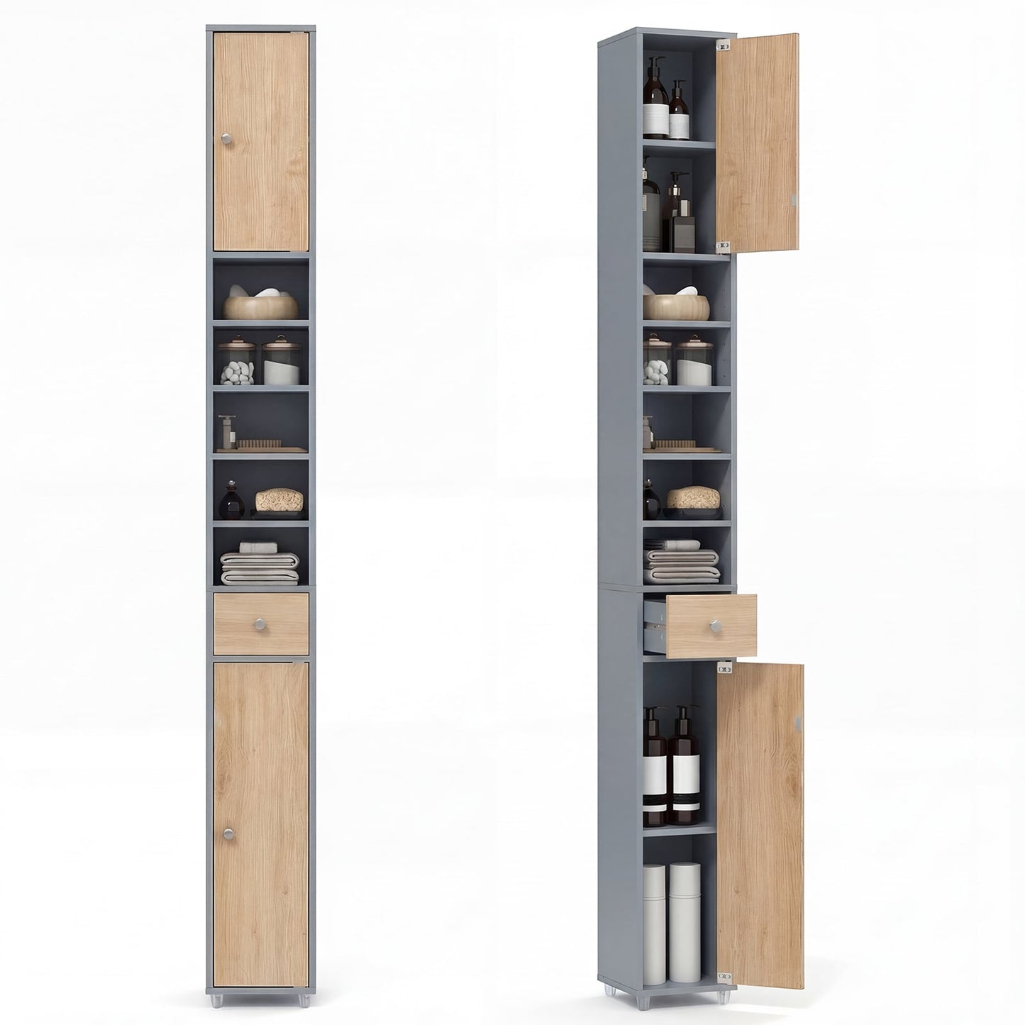180CM Tall Freestanding Bathroom Cabinet with 2 Doors and 1 Drawer-Oak