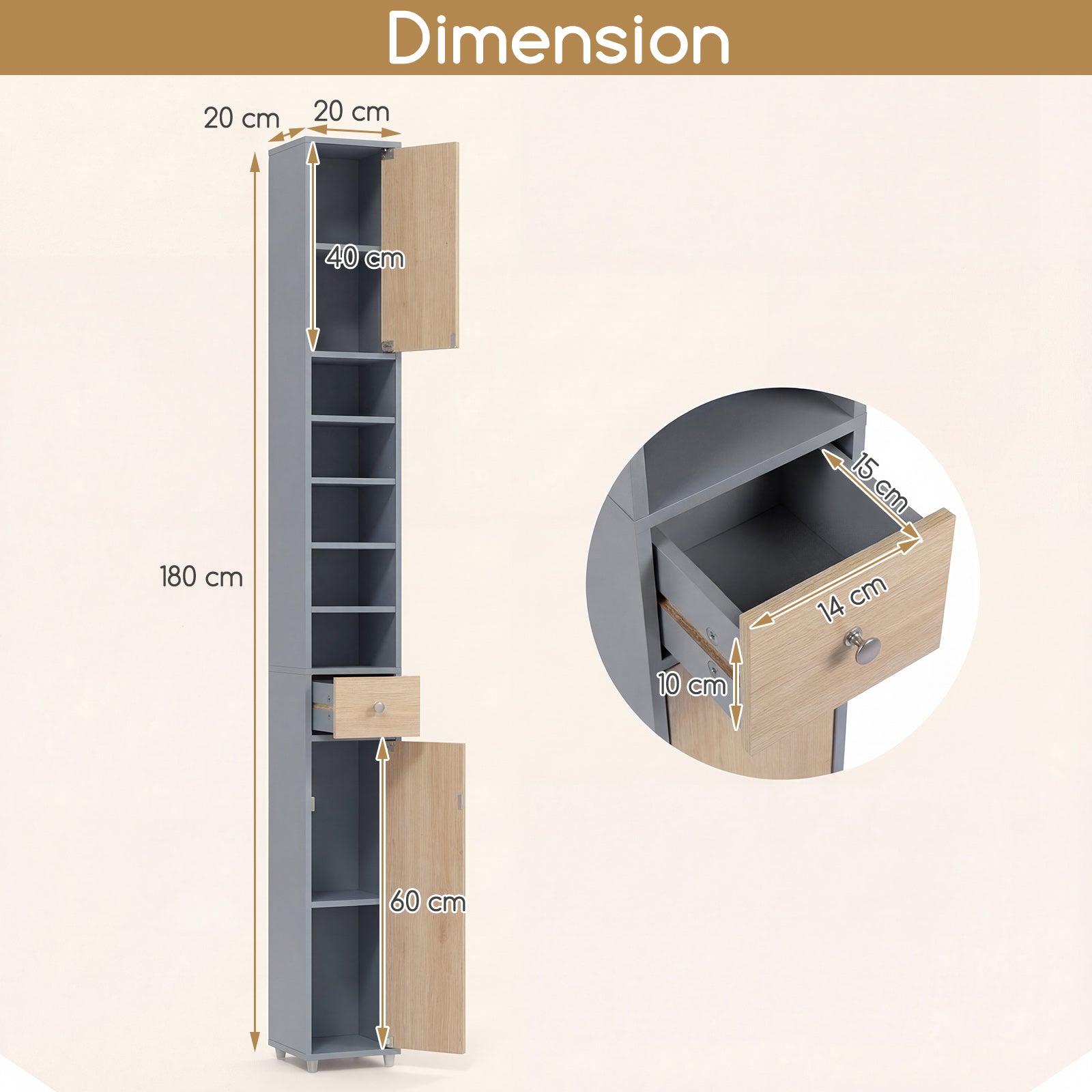 180CM Tall Freestanding Bathroom Cabinet with 2 Doors and 1 Drawer-Oak