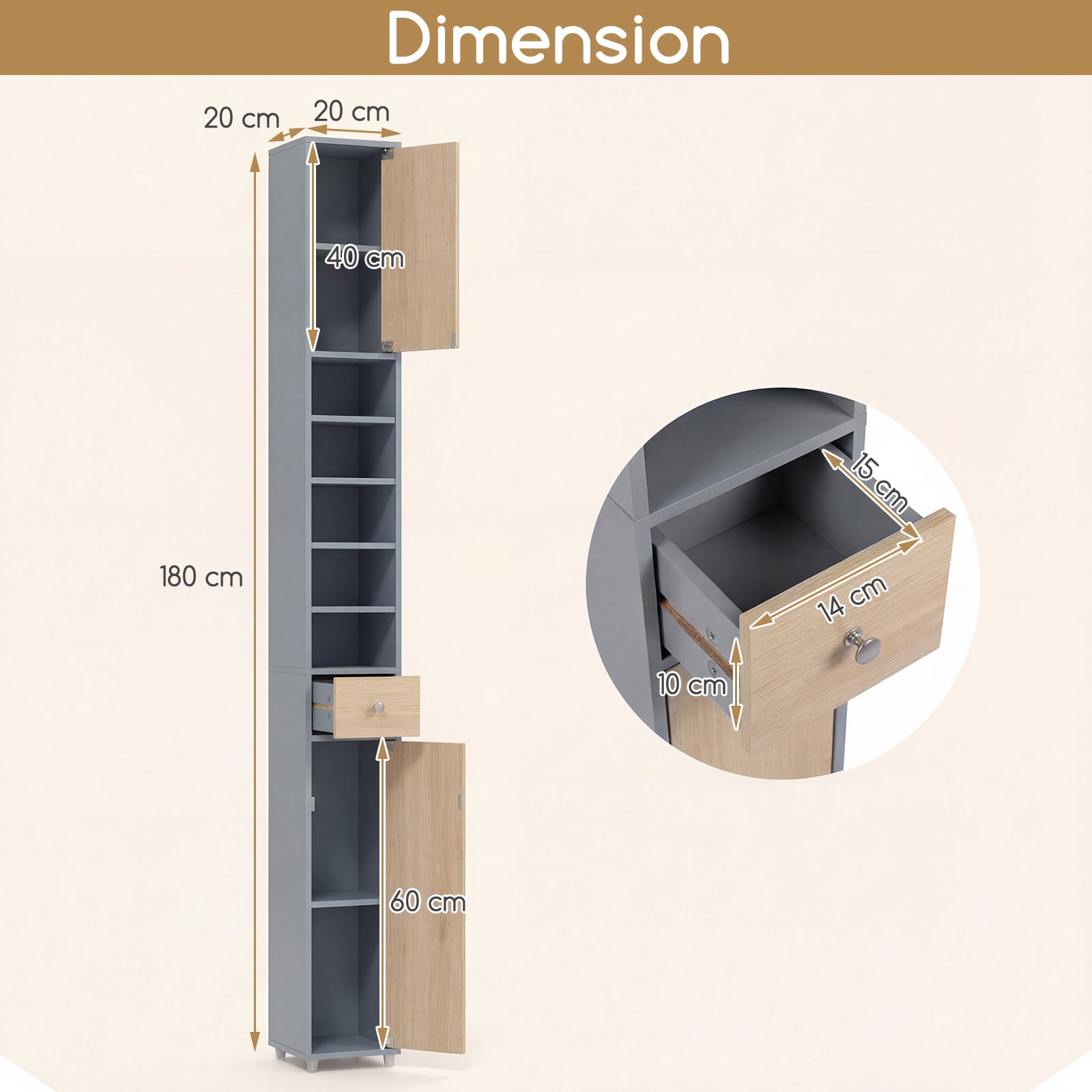 180CM Tall Freestanding Bathroom Cabinet with 2 Doors and 1 Drawer-Oak