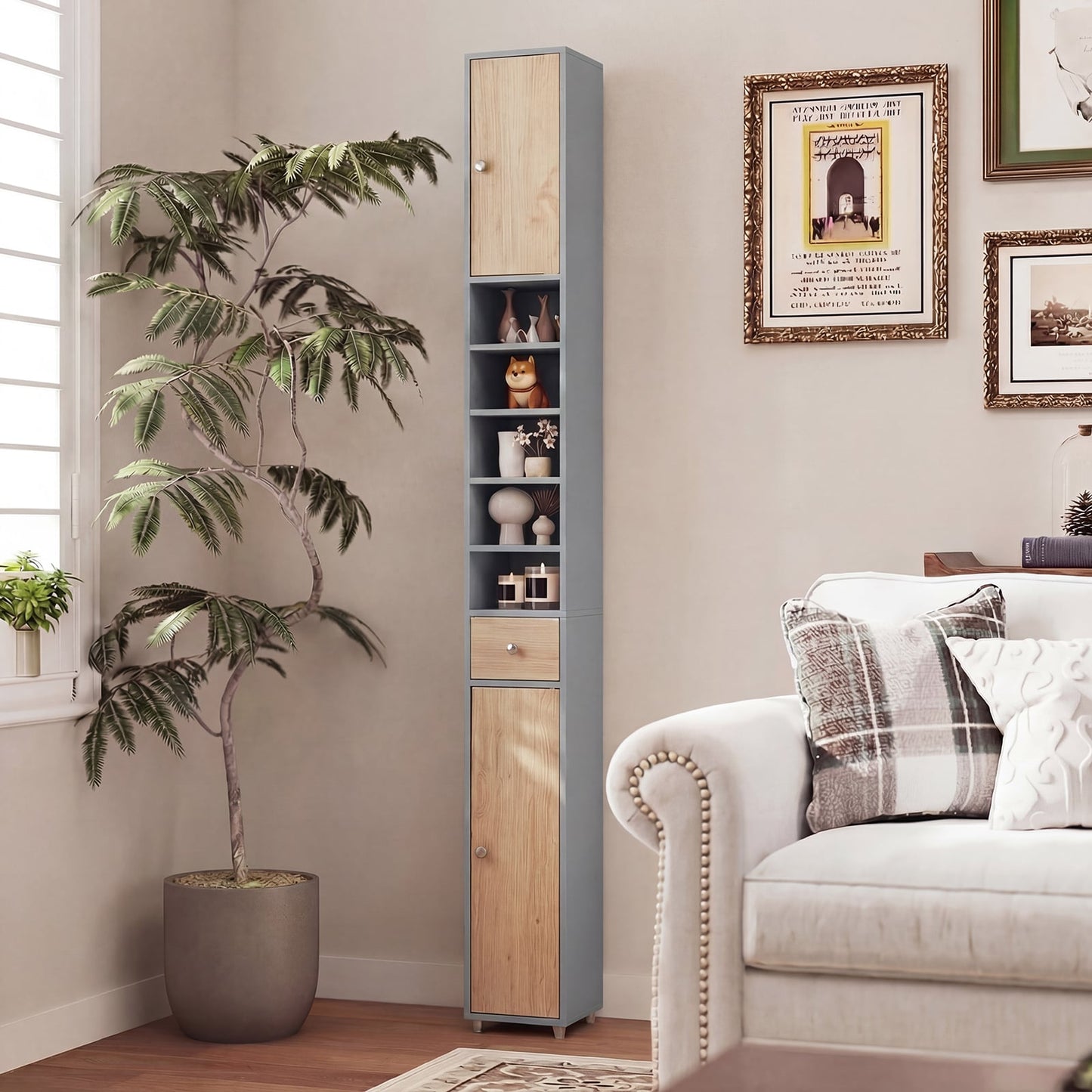 180CM Tall Freestanding Bathroom Cabinet with 2 Doors and 1 Drawer-Oak