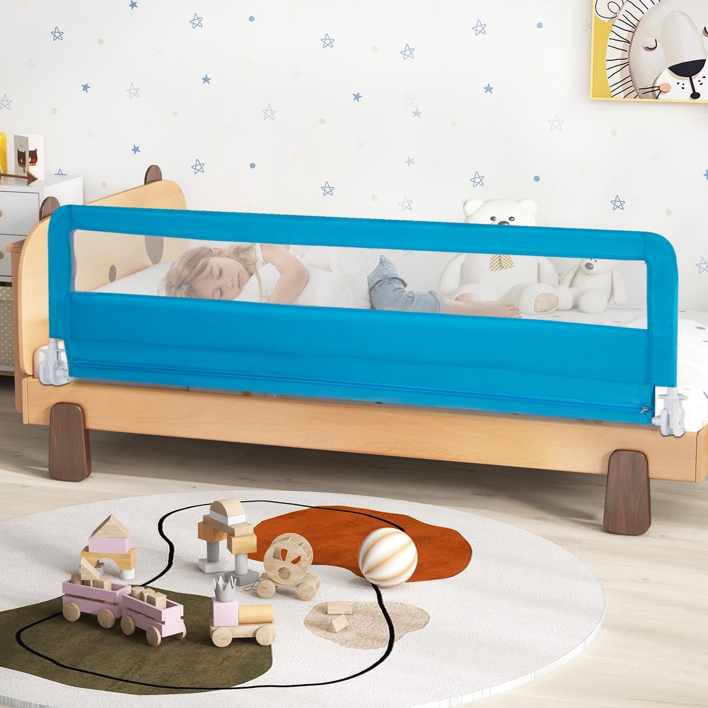 180CM Foldable Baby Bed Rail Guard with Removable Cover and Safety Strap-Blue