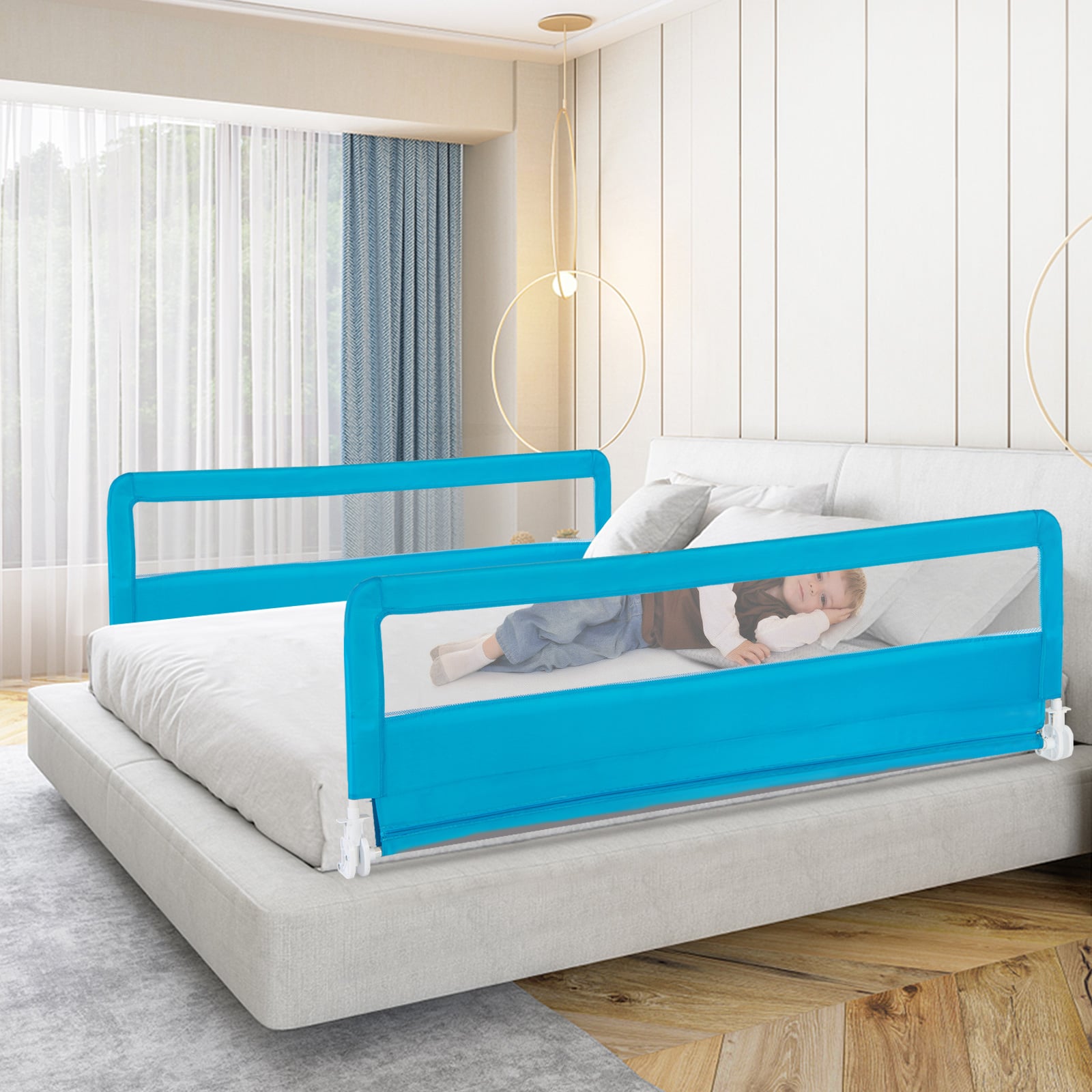 180CM Foldable Baby Bed Rail Guard with Removable Cover and Safety Strap-Blue