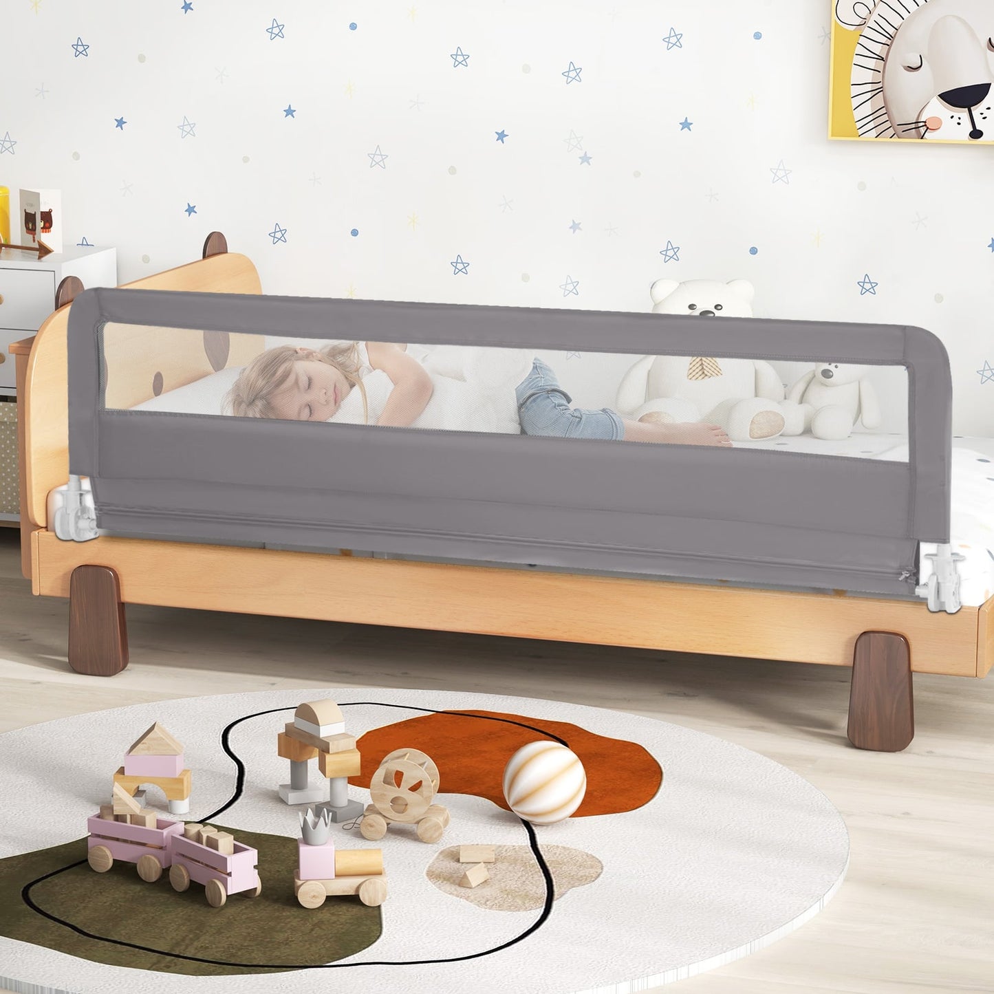 180CM Foldable Baby Bed Rail Guard with Removable Cover and Safety Strap-Grey