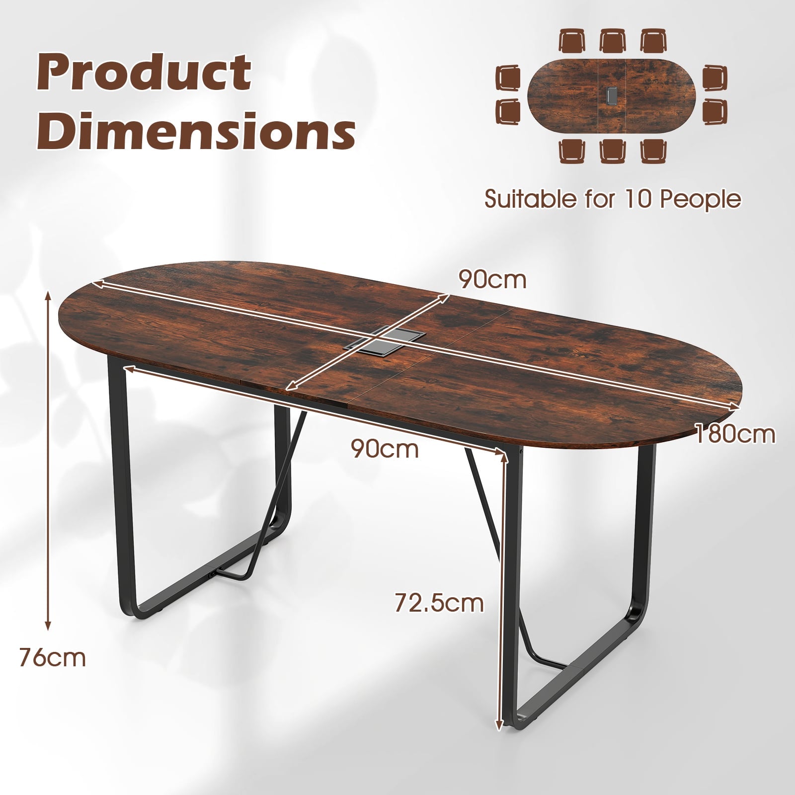 180 CM Executive Table Oval Home Office Table with Cable Management Hole-Rustic Brown