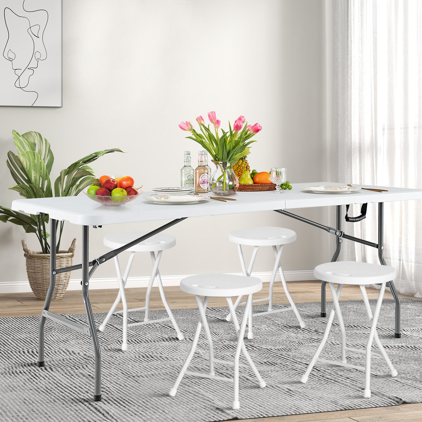 180 CM Folding Plastic Dining Table with Handle Metal Legs and Non-slip Foot Pads